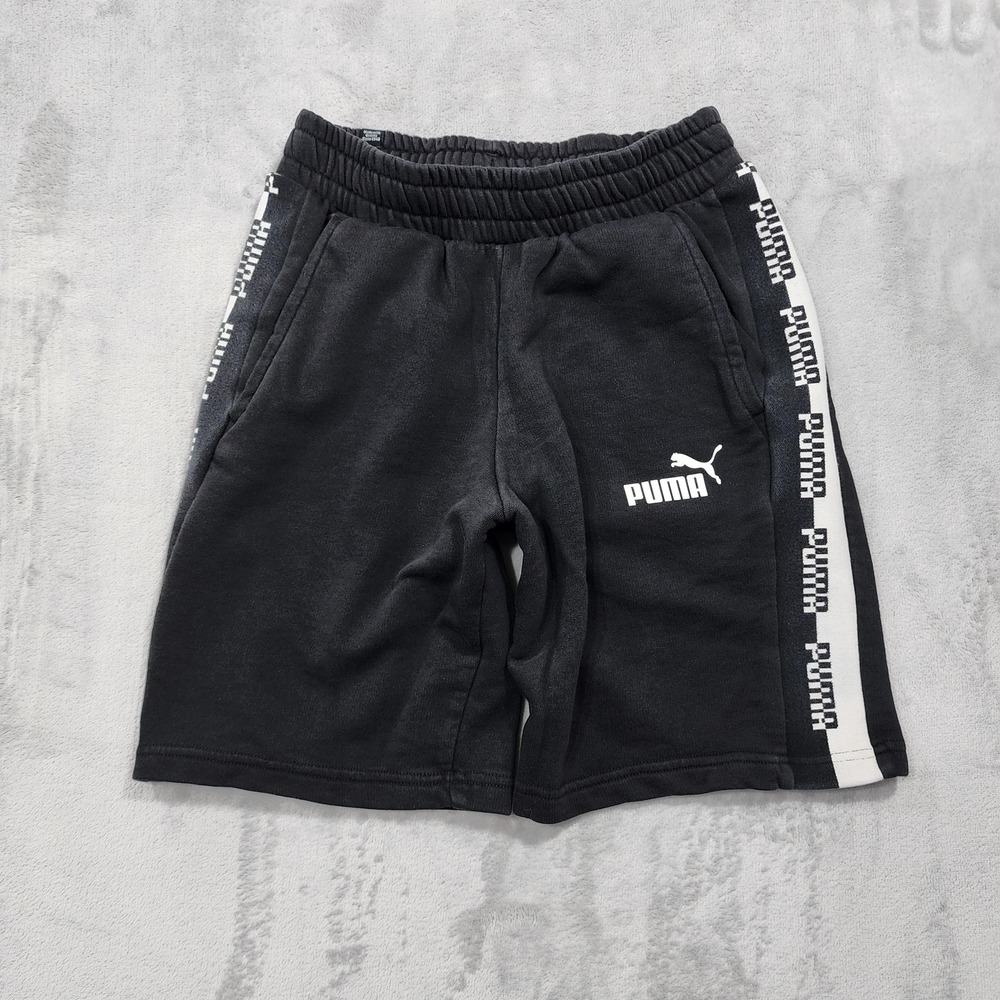 Puma Shorts Mens S Black Amplified Logo Side Stripe Sweat Athletic Gym Workout